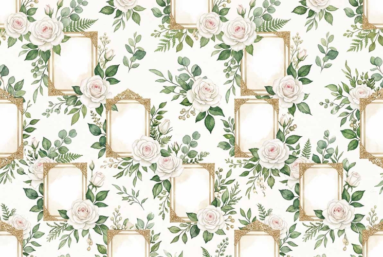 wedding photo frames white roses gold corners and greenery