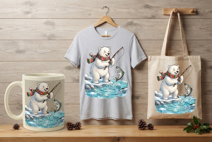 Polar Bear Fishing Winter Art and Holiday Graphic