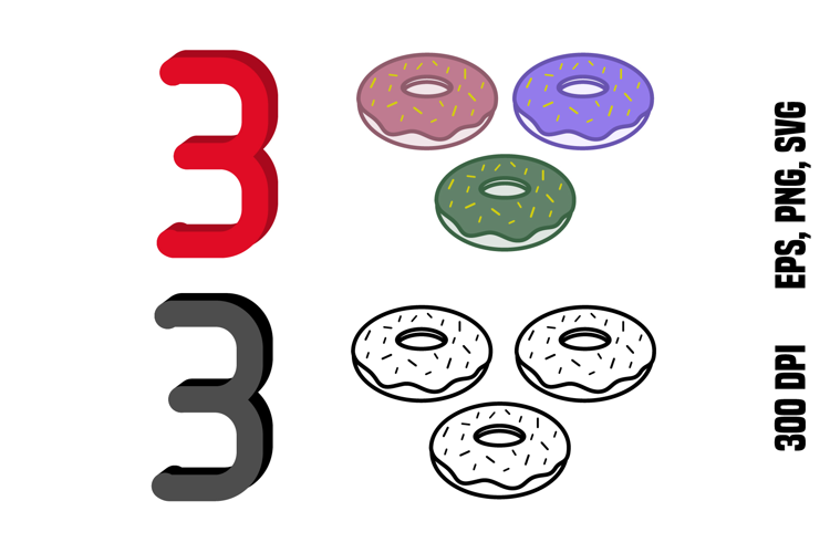 Number Three and Donuts. Color and Line