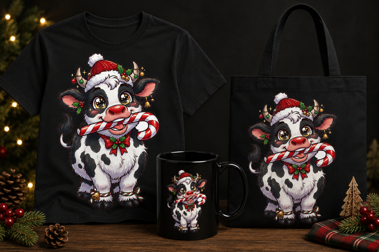 Cute Christmas Cow PNG Candy Cane Holiday Clipart Design