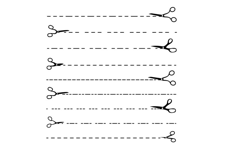 Scissor Line Vector. Set Dotted Cutting Lines. Black Scissor