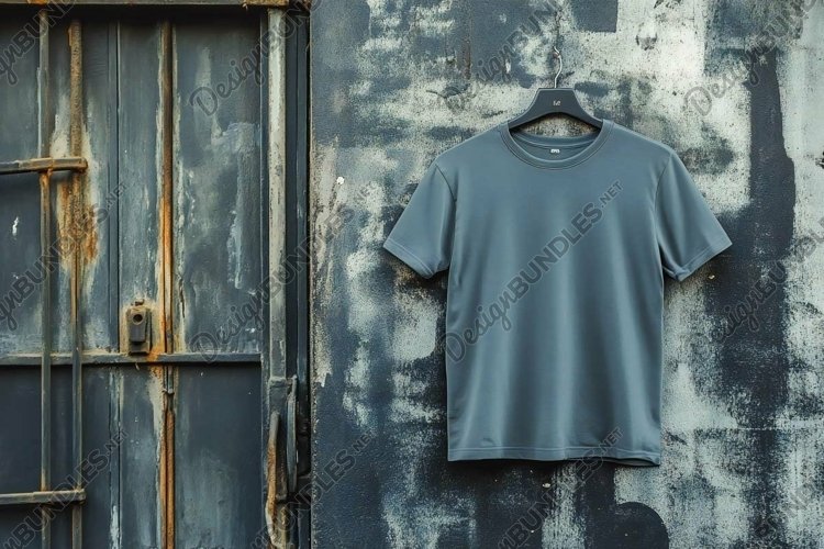 mockup plain grey t-shirt hanging on a cement wall