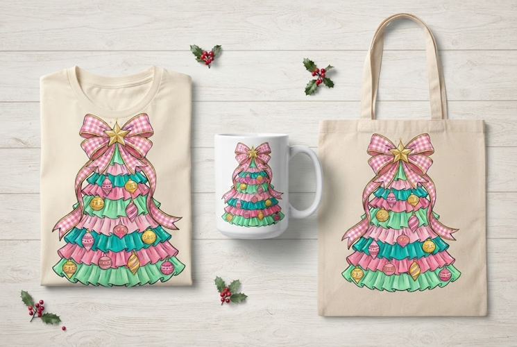 Chenille Peppermint Tree Ghost Cow Christmas Art Print