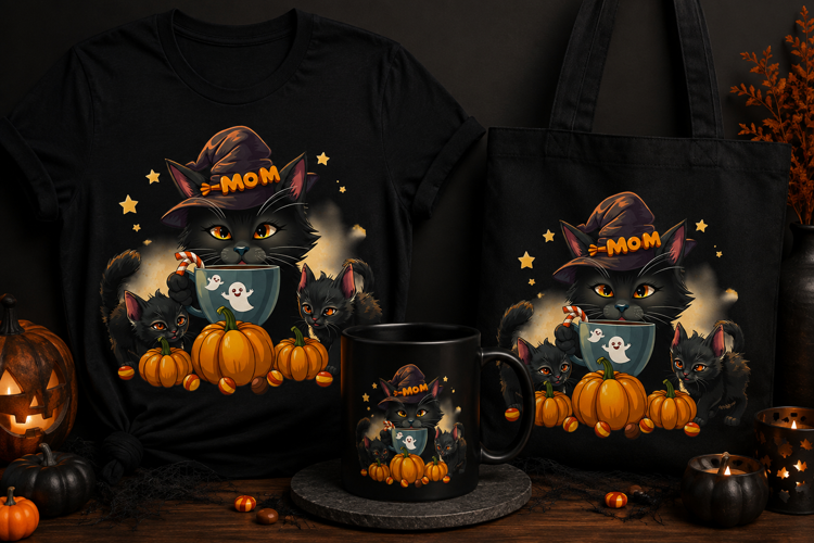 Halloween Black Cat Mom PNG | Cozy Witch Cat Family Clipart