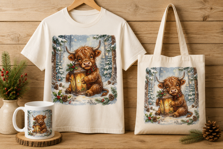 Highland Calf Hugging Lantern Winter Forest Art Print