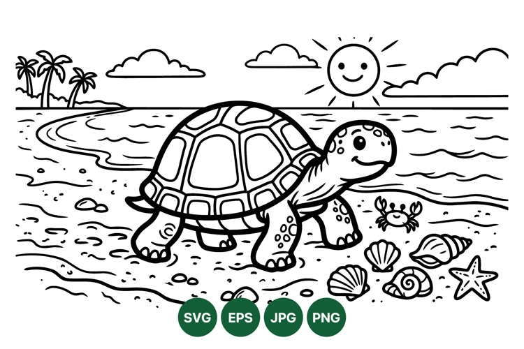 Cute Turtle At The Beach Coloring Svg Design