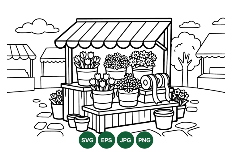 Farmers Market Flower Stall Vector Illustration