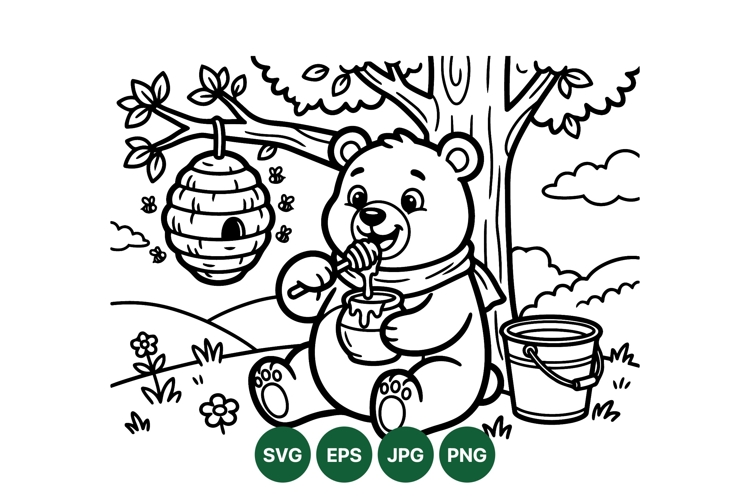 Hand Drawn Cute Bear Eating Honey Clipart