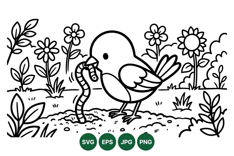 Hand Drawn Bird And Worm Vector Illustration