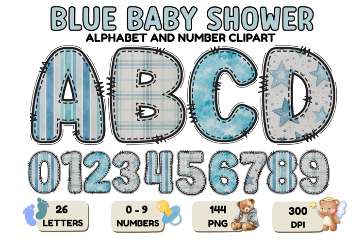 Blue Baby Shower Alphabet Clipart PNG 300 DPI