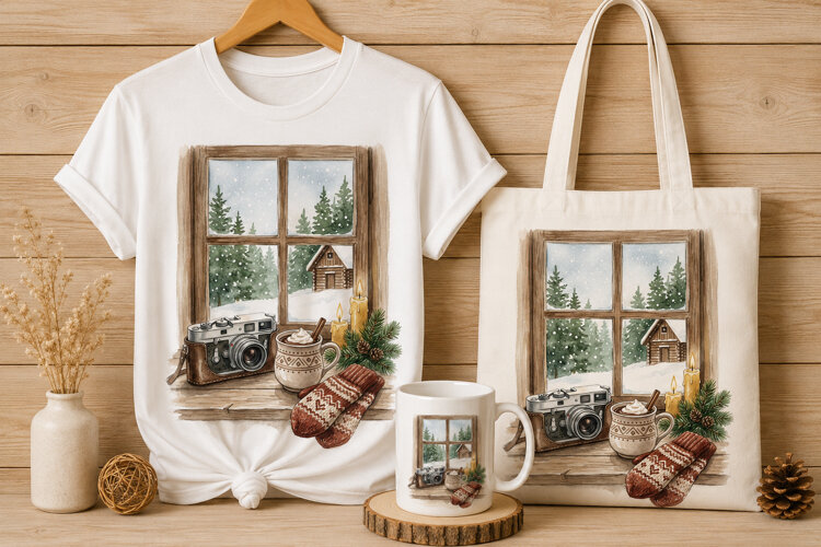 Cozy Cabin Photography Winter Watercolor Art Print PNG example image 1