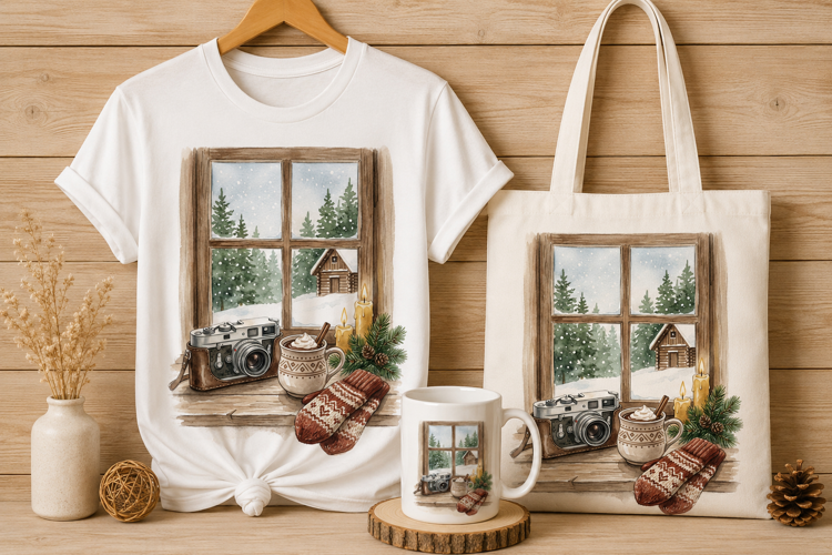 Cozy Cabin Photography Winter Watercolor Art Print PNG
