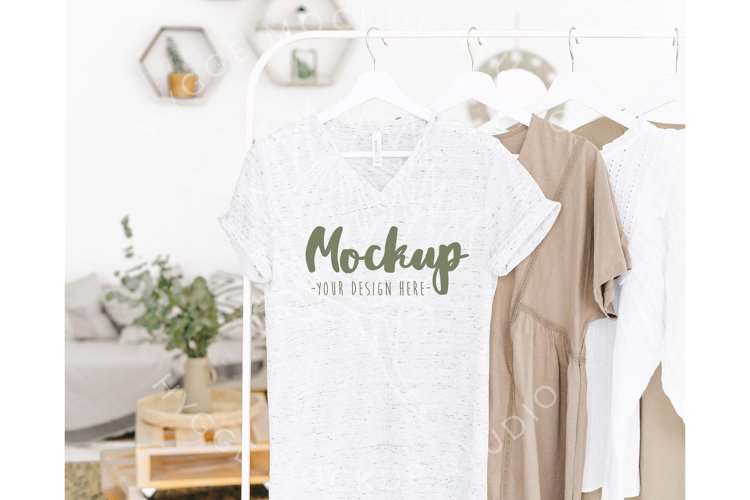 White Marble 3005 Bella Canvas Mockup | Vneck Hanging Mockup example image 1