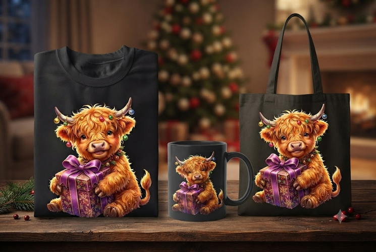 Christmas Highland Cow PNG, Gift Box Holiday Cow Clipart