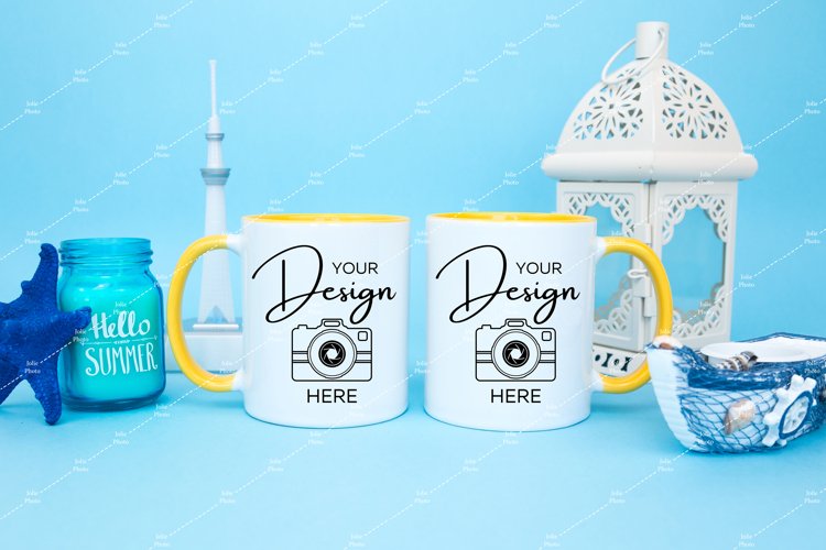 Mug Mockup 11 Oz Blank White Coffee Cup Yellow Handle Summer example image 1