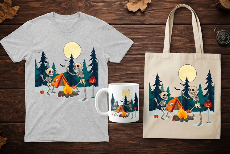 Skeleton Camping Marshmallow Halloween Design with Tent