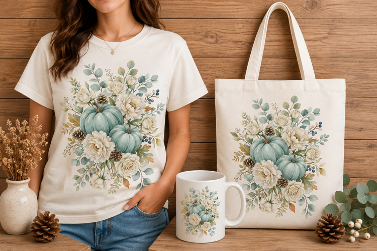 Teal Pumpkins and Ivory Roses Fall Watercolor Art PNG