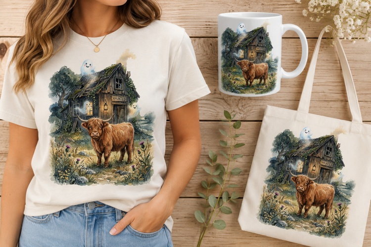 Highland Cow In Front Of Haunted House With Cute Ghosts