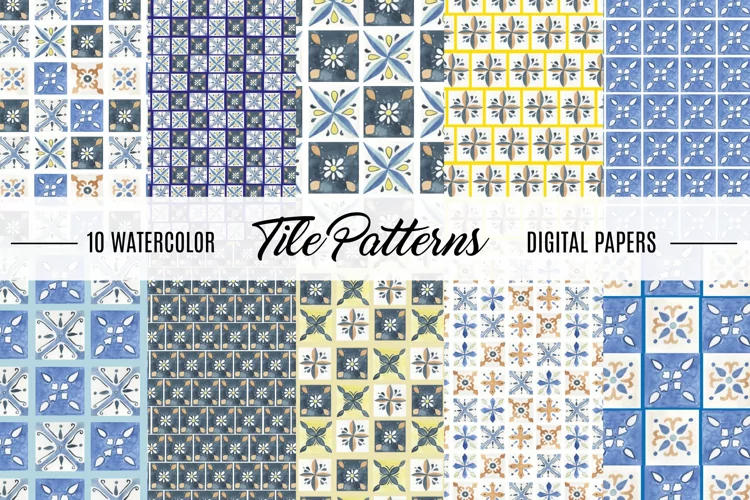 Tiles Watercolor Seamless Patterns Blue White Ceramic Style