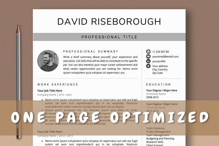 One Page Resume Template, Professional 1 Page CV Template example image 1