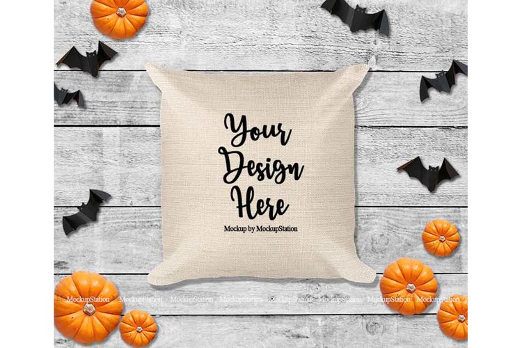 Halloween Beige Throw Pillow Mockup, Square Fall Cushion