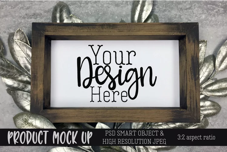 Wood sign silver leaf mock up | PSD & JPEG