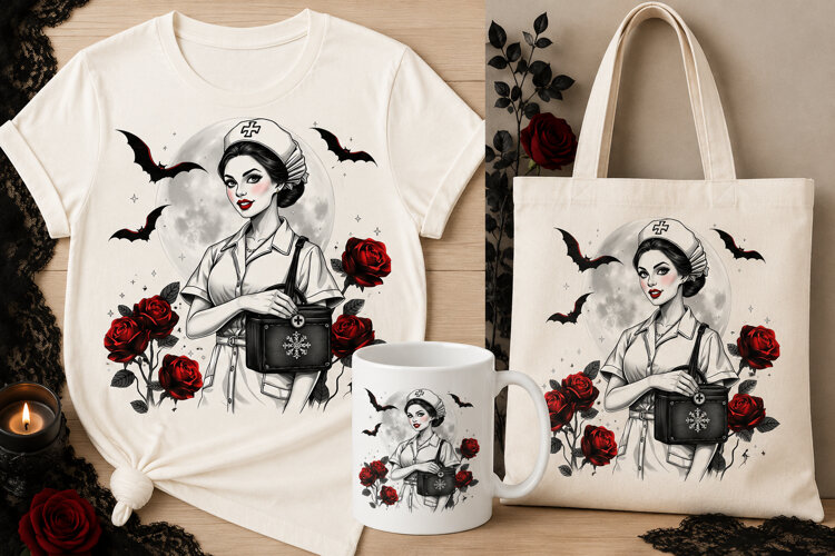 Halloween Nurse PNG | Gothic Nurse with Roses & Moon example image 1