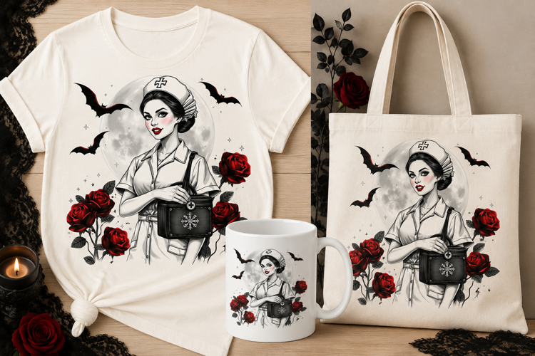 Halloween Nurse PNG | Gothic Nurse with Roses & Moon