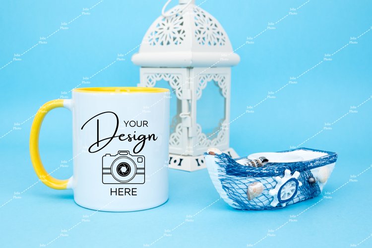 Mug Mockup 11 Oz Blank White Coffee Cup Yellow Handle Summer example image 1