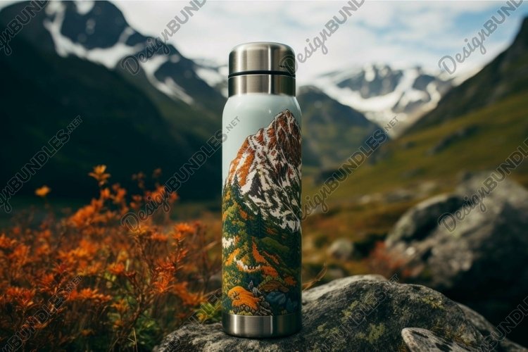Insulated bottle in mountain landscape