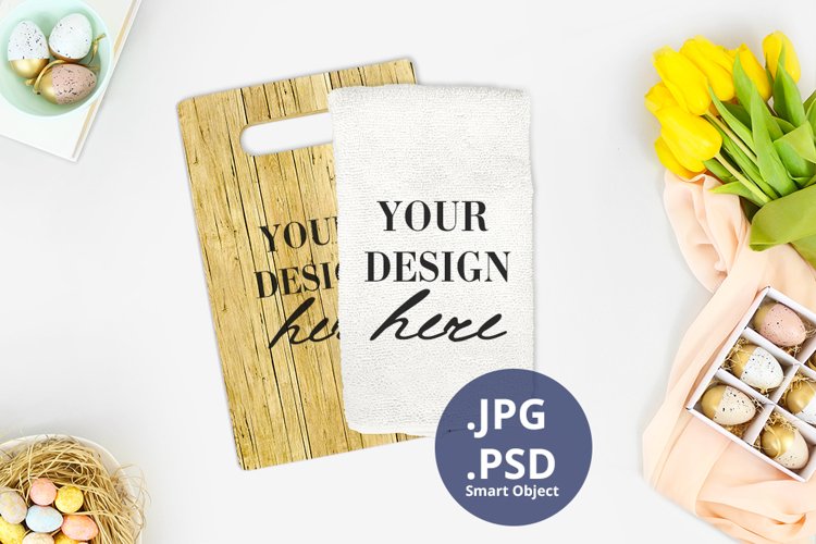 Easter Kitchen Towel & Cutting board Mockup, full wrap mock example image 1