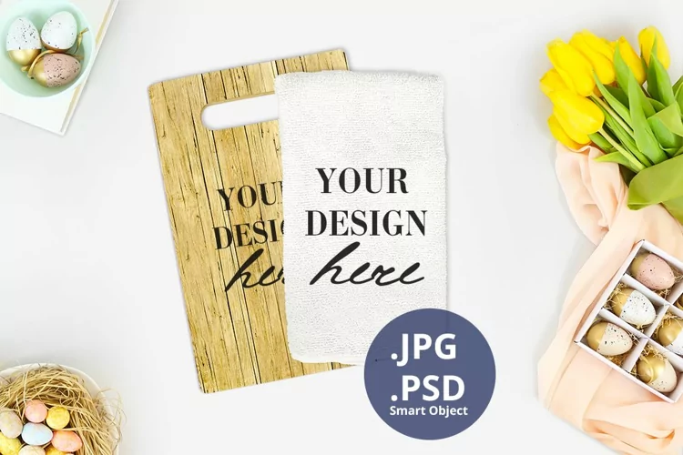 Easter Kitchen Towel & Cutting board Mockup, full wrap mock