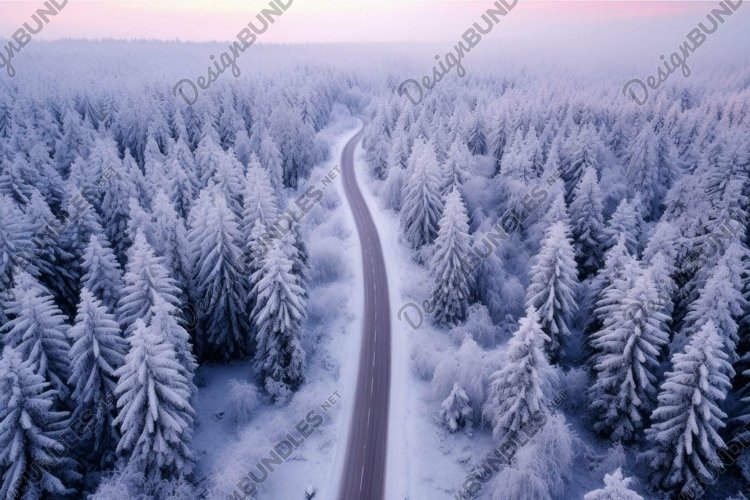 Misty winter road through snowy forest at twilight