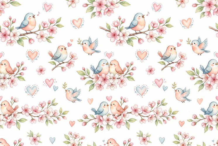 Watercolor Seamless Floral Pattern with cute birds