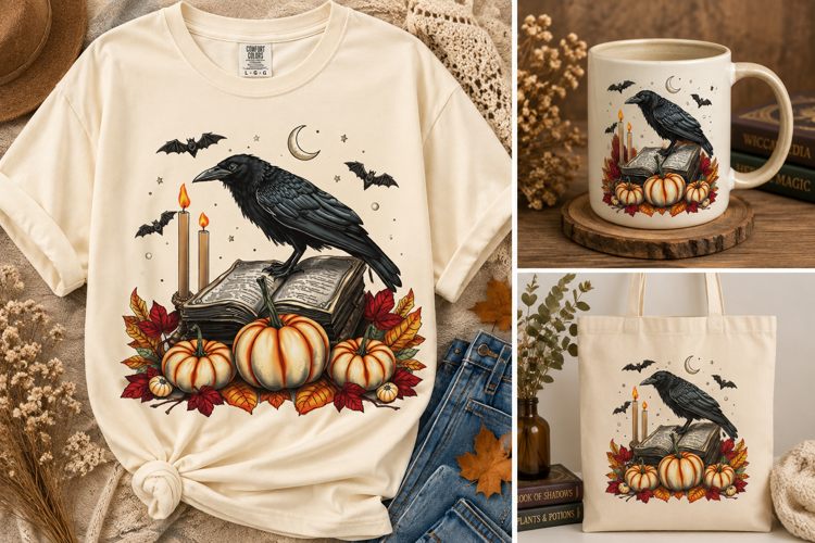 Halloween Raven PNG | Black Crow, Pumpkins, Book & Moon