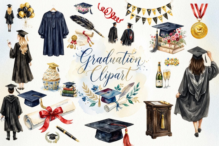Watercolor Graduation Clipart Collection Bundle