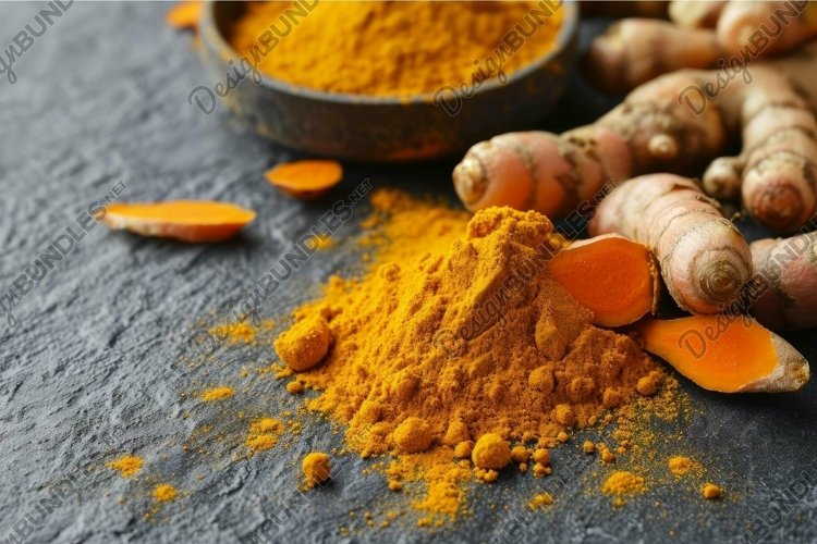 Vibrant turmeric powder and roots on dark surface