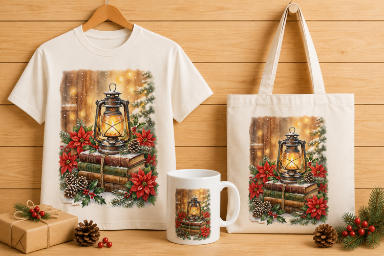 Vintage Lantern on Books Christmas Holiday Art Print PNG
