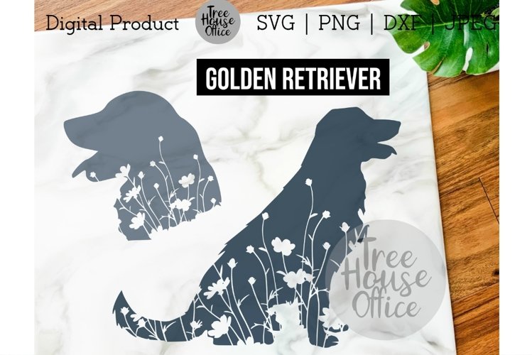 Golden Retriever Dog Floral SVG, Cute Retriever with Flowers example image 1