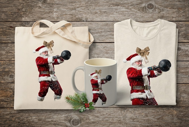 Fit Santa Doing Kettlebell Swing PNG Graphic