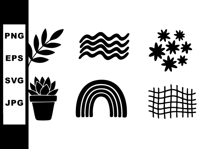 Black silhouette nature icons set including leaf, waves, flo
