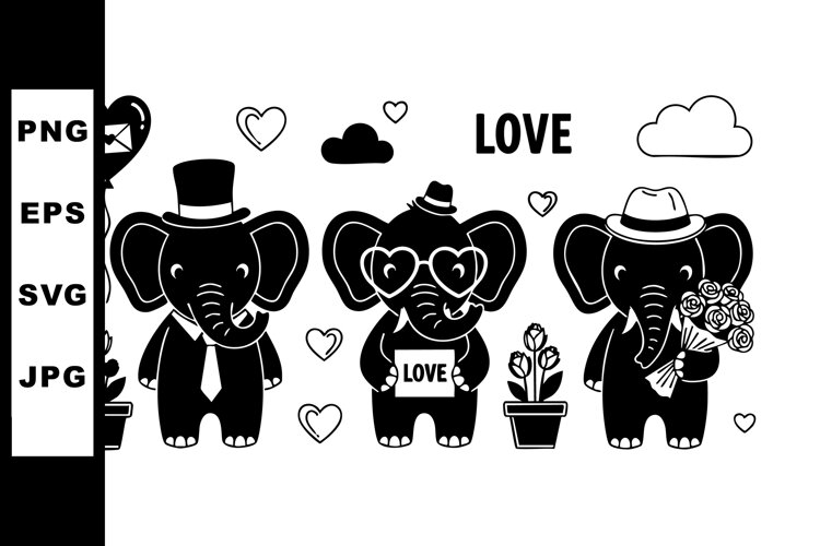 Cute elephant couple in love with heart balloons flowers and