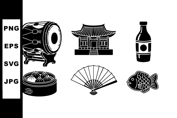 Traditional Asian cultural symbols including drum, temple, f