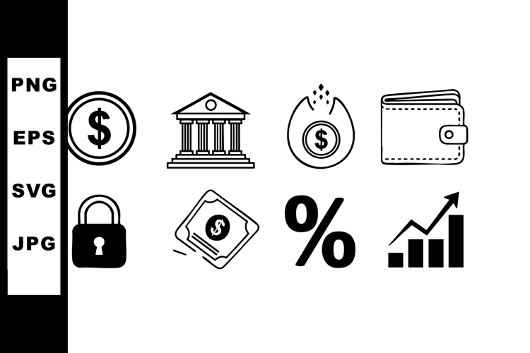 Financial icons set with bank building, dollar coin, wallet,