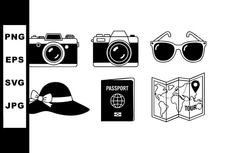 Travel essentials vector set with camera sunglasses hat pass