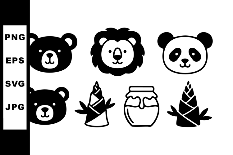 Bear lion panda faces with honey jar and bamboo shoots vecto