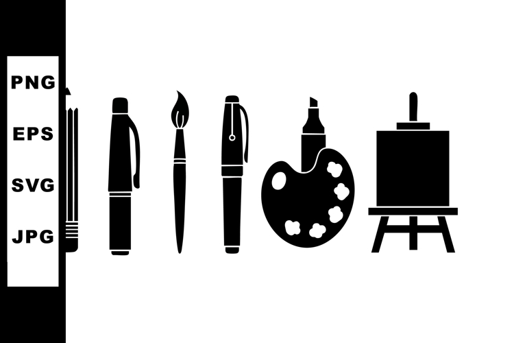 Art supplies icons set including pencil pen brush marker pal