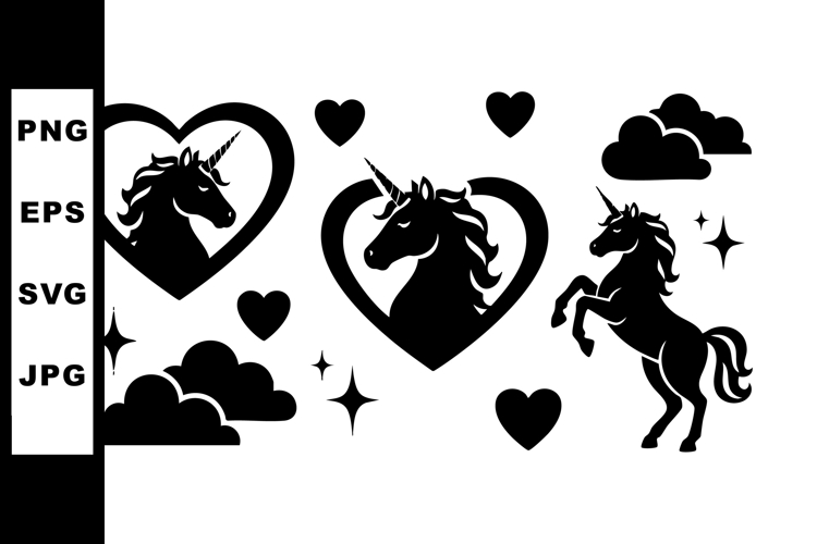 Unicorn silhouettes with hearts clouds and stars vector magi