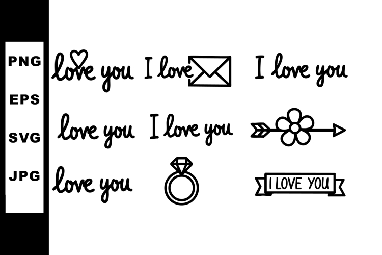Hand-drawn I Love You text with romantic symbols ring flower