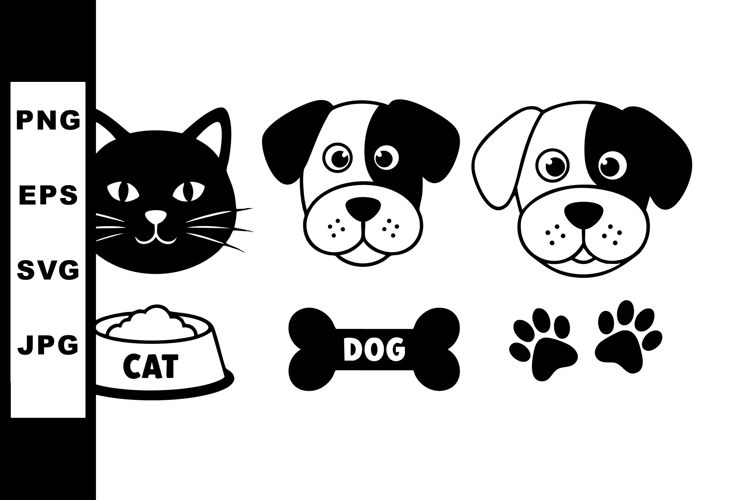 Black and white cat and dog icons with pet bowl bone and paw